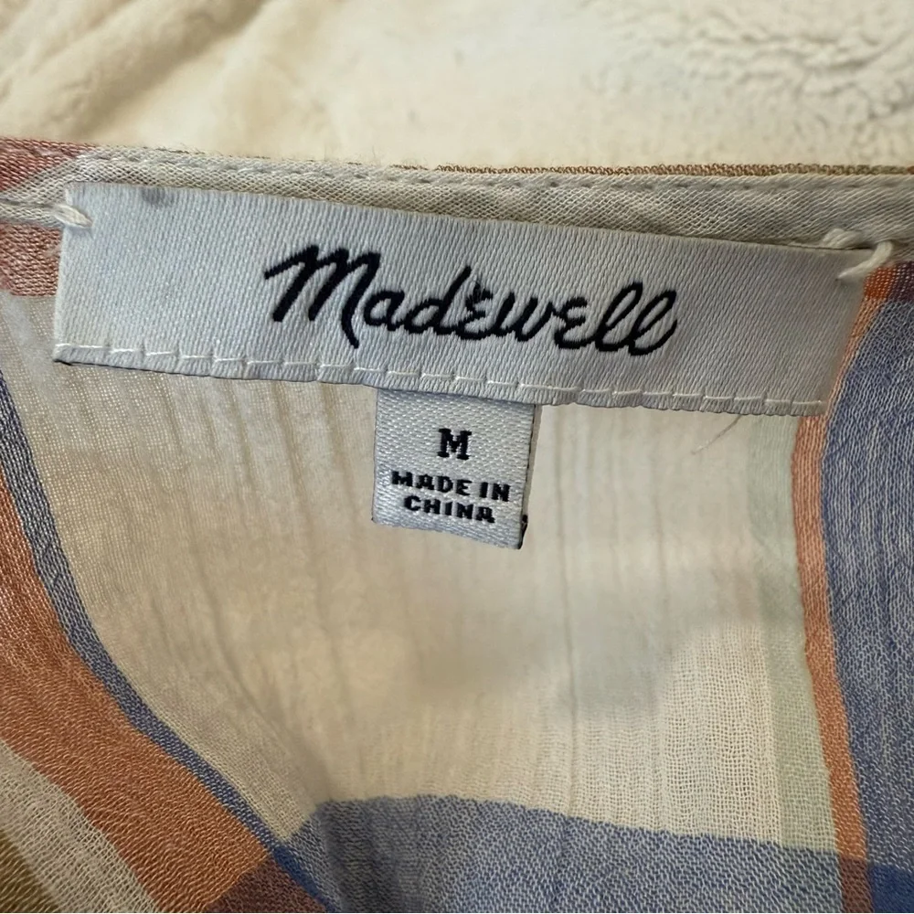 Madewell Women's Short Sleeve V-Neck Shoulder-Ruffle Top in Plaid